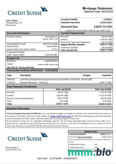 Szwajcaria Credit Suisse Bank wyciąg z kredytu hipotecznego w formatach Word i PDF